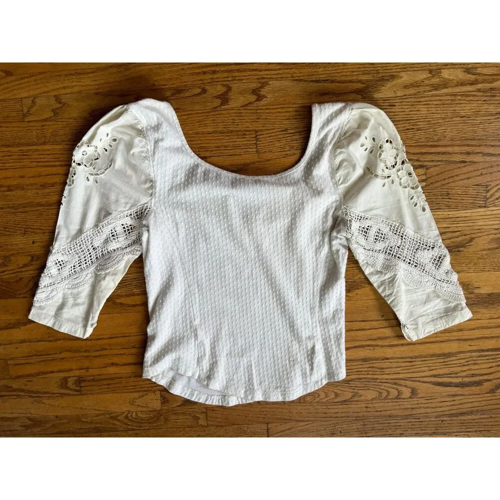 Free People White Cottage Croquet Prairie Blouse Top Shirt  Women's Size Small
